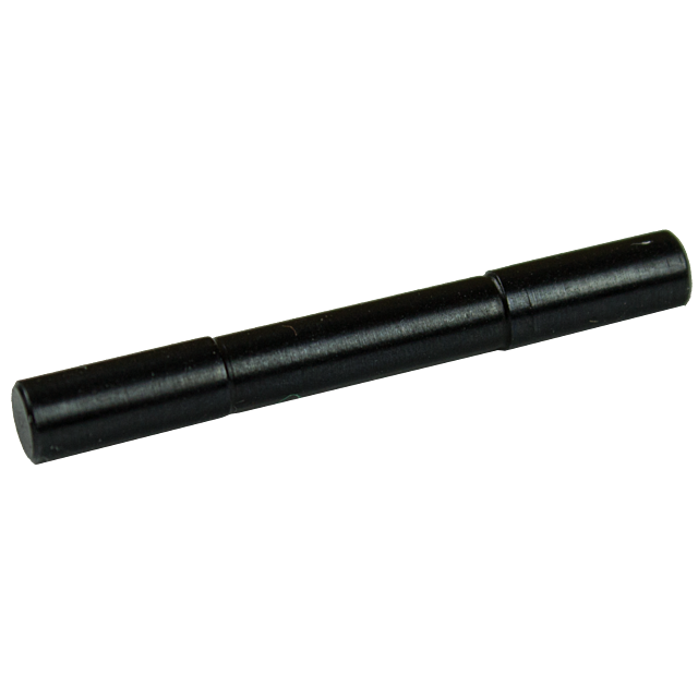 The MAGAZINE CATCH PIN P-10, a long, thin, black cylindrical object with two slightly raised rings around its body, lies horizontally against a white background.