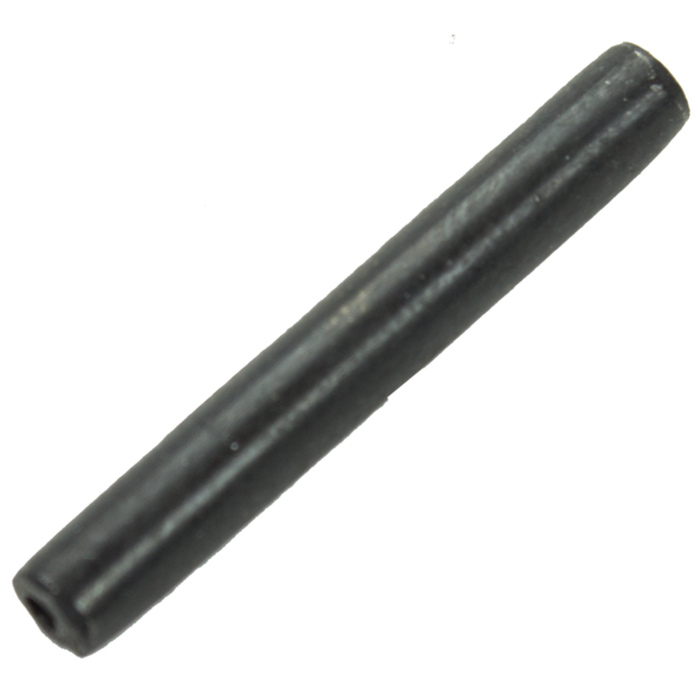 Close-up of a FRONT INSERT COILED PIN P-10, featuring a black, cylindrical, and ridged design, isolated against a white background.