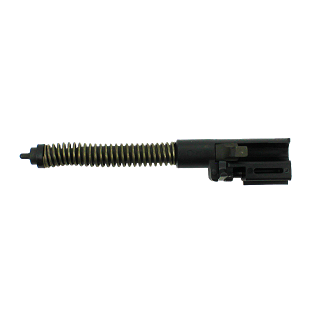 Close-up image of the FIRING PIN ASSEMBLY P-10, highlighting the coiled spring mechanism at the center. Black metal components are positioned on each side, showcasing a sturdy industrial design against a white background.