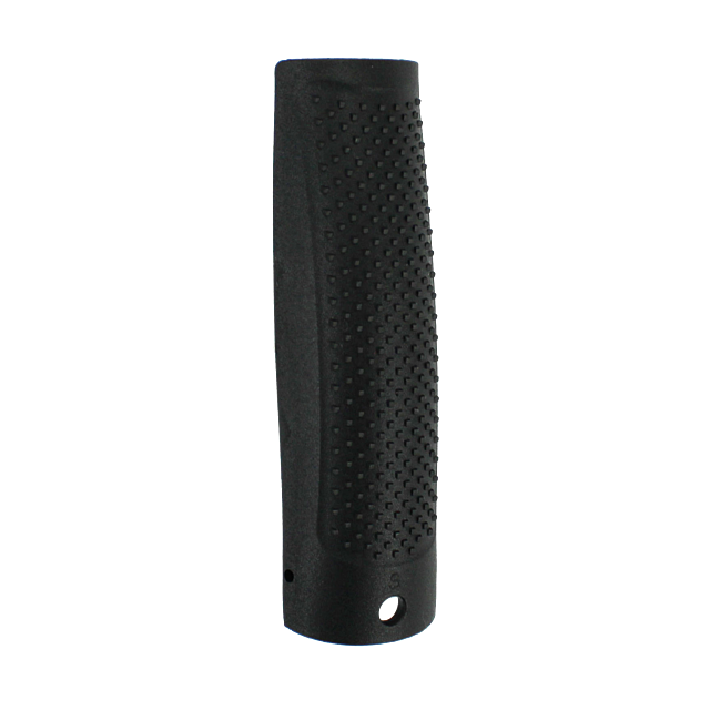 Introducing the BACKSTRAP P-10F SMALL: a black cylindrical handle grip with a textured surface and a small hole at one end. It boasts a dotted pattern for enhanced grip, designed to attach seamlessly to tools or devices. Specifically crafted to ensure sec