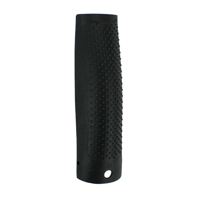 The BACKSTRAP P-10F MEDIUM is a black, textured bicycle handlebar grip with small raised dots for improved comfort and features two holes for easy attachment, ensuring a secure ride.