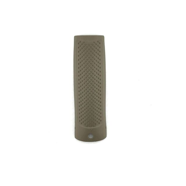 The CZ BACKSTRAP P-10 F FDE MEDIUM is a brown textured plastic panel with a dotted pattern throughout and a small circle at the bottom center.