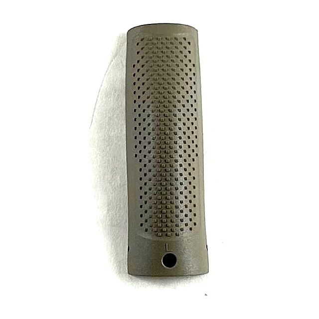 The CZ Backstrap P-10 F FDE Large, a perforated, rectangular metallic object with rounded edges, sits on a white fabric background.