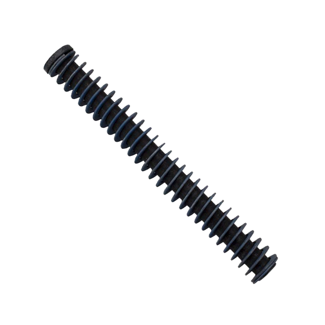 A coiled metal recoil spring with evenly spaced loops is positioned diagonally against a plain background. The spring, resembling the RECOIL SPRING ASSEMBLY P-10 F, is dark in color and appears cylindrical in shape.