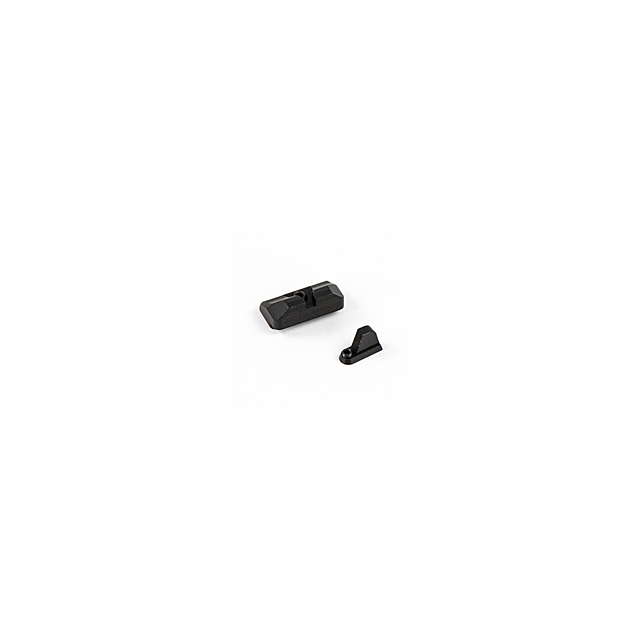 A pair of black CZUB Serrated Sight Set P-10 Optic Ready sights, compatible with RMR Co-Witness, features a larger rectangular rear sight with dual notches and a sleek triangular front sight, both set against a plain white background.