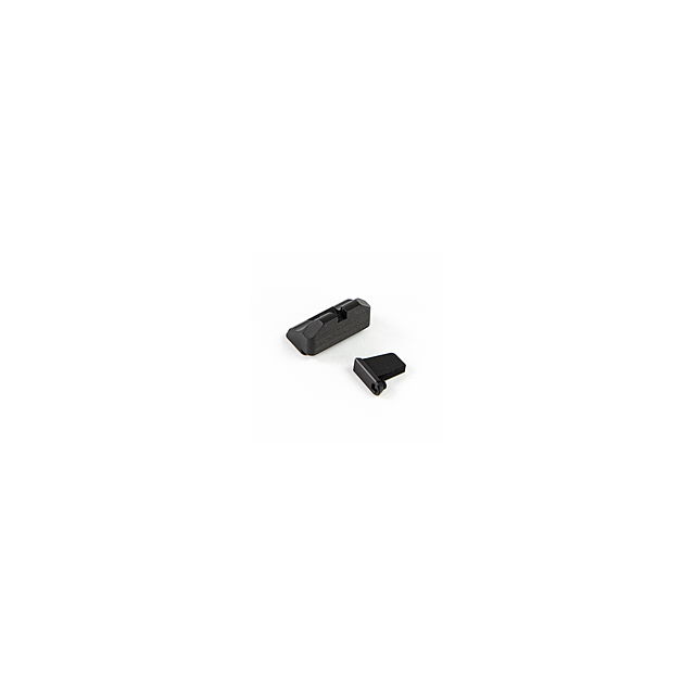 Displayed on a plain white background are two gun sights from the CZUB Serrated Sight Set P-10. The larger sight is rectangular, while the smaller one is wedge-shaped. This optic-ready set guarantees precision and co-witnessing with your optic setup, and