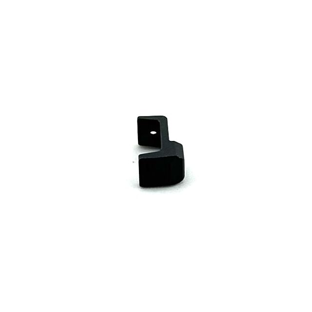 The MAGAZINE CATCH LEFT P-10 MICRO is a small black metal bracket with a right-angle bend and a single hole on one side, shown against a white background.