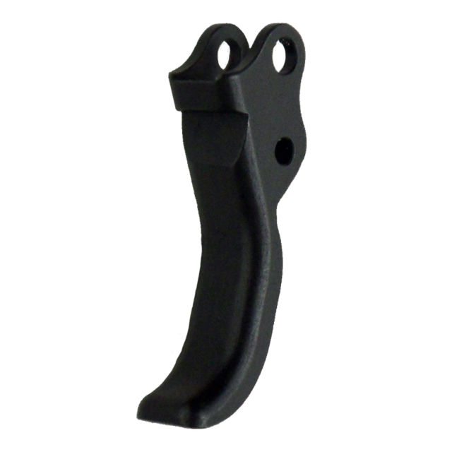 The TRIGGER P-07/P-09, a black metal trigger with a curved design, features two holes at the top for easy attachment. Its smooth and slightly reflective surface provides an elegant contrast against a plain white background.