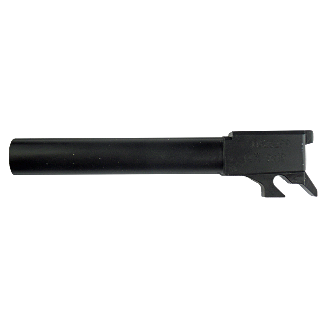 A BARREL 9MM P-09 in black color is positioned horizontally against a white background. The slender cylindrical tube with an attached block at one end showcases angular extensions, highlighting precision and craftsmanship.