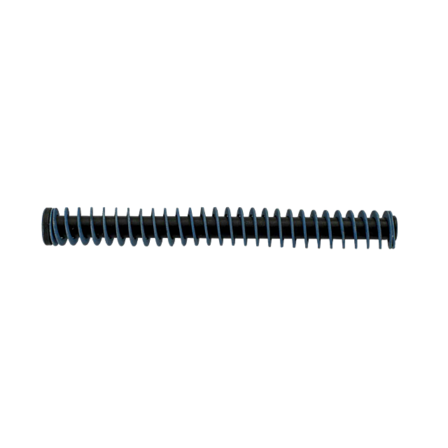 A refined black cylinder adorned with vertical blue stripes, akin to the contemporary design of the RECOIL SPRING SET P-09 9MM CAPTURED, stands solitary on a white backdrop, radiating an aura of specialized mechanical elegance.