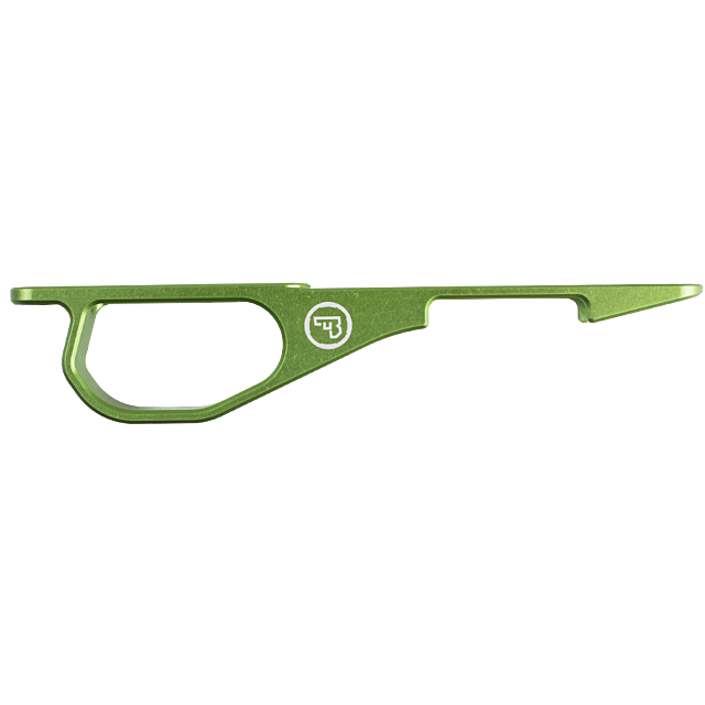 A keychain tool from the CZ 455 Trigger Guard Set in green, constructed from metal and designed with a finger loop, bottle opener, and hook. It prominently displays a logo featuring the letters "UB" within a circle and includes an integrated trigger guard