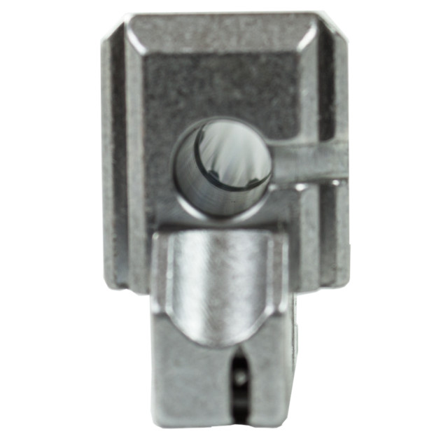 Close-up image of a metallic, machined part similar to the THREADED BARREL SP-01 KADET 22LR, featuring a square shape and central cylindrical hole. The brushed metal texture is enhanced by the threaded barrel-like opening at the bottom, which reveals an i