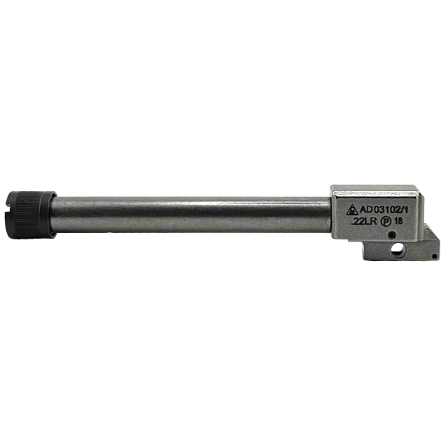 A metallic cylindrical component with a ribbed black knob at one end and engraved markings, such as "22LR" and a triangle with an exclamation mark, appears to be the Threaded Barrel Shadow 2 Kadet 22LR.