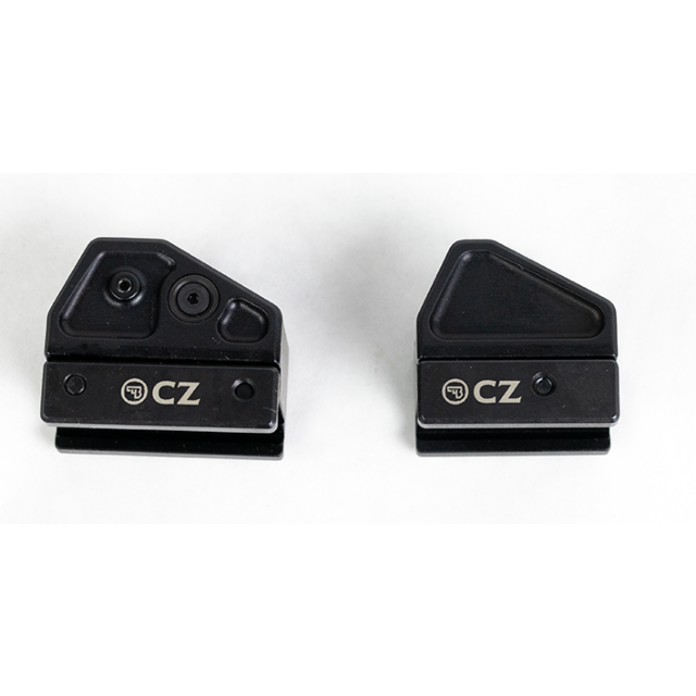 Two black CZ sight sets for the Scorpion EVO 3+ are showcased on a white background. The left sight set, designed to accommodate a red dot mount, reveals its precise attachment points. Both sets prominently feature the CZ logo, indicating their seamless i