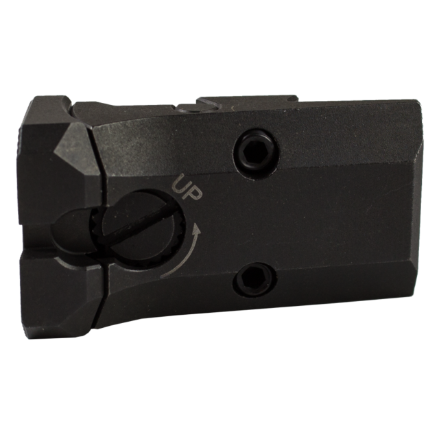 Close-up of a black metal component from the ADJUSTABLE REAR SIGHT TS ORANGE, showcasing an adjustable rear sight with two hex screws. The engraved "UP" and arrow indicate direction, and its textured, angular design enhances precision and functionality.