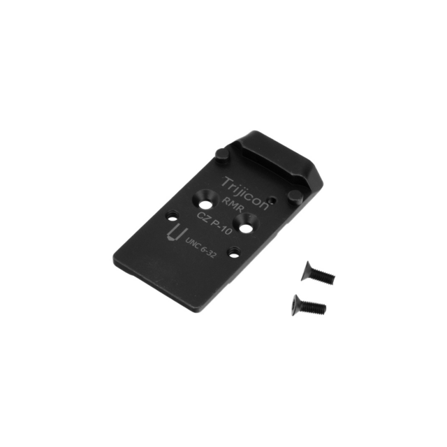 A black CZUB OPTIC READY PLATE 1 RMR HOLOSUN with two holes and "CZ P-10" and "UNC 6-32" markings, accompanied by two screws.