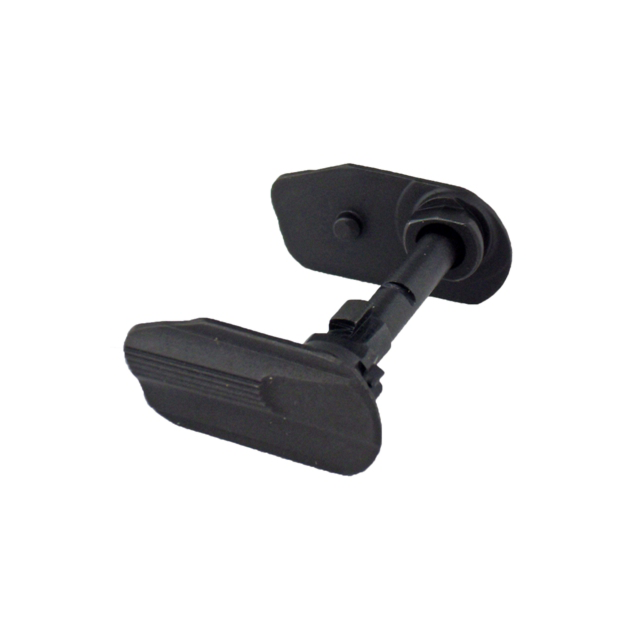 The SAFETY SET SP-01 SHADOW FLAT LEFT AND FLAT RIGHT consists of a black hardware component with two flat ends featuring rounded edges, linked by a central rod. The ends have textured surfaces, and the rod has an adjustable nut, suggesting its use in mech