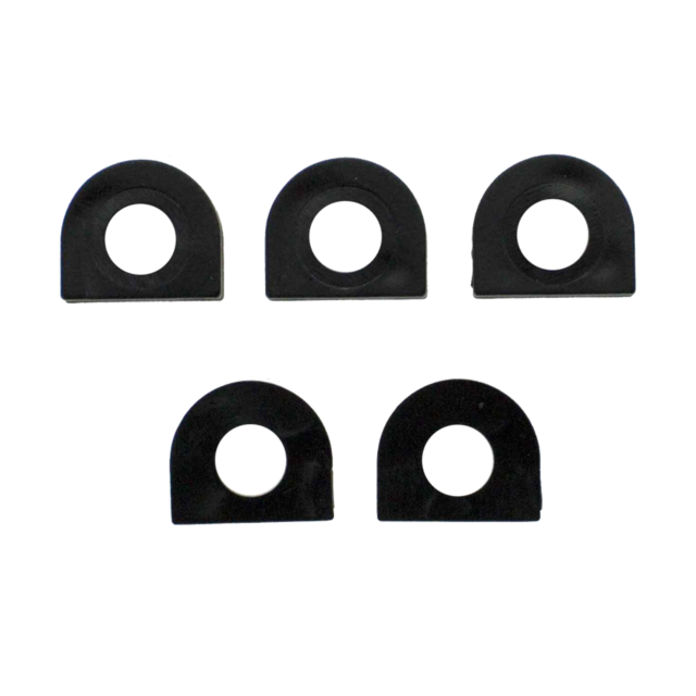 Five black, semi-circular rubber gaskets with central holes, part of the RECOIL BUFFER SET CZUB, are neatly arranged in two rows on a plain white background.