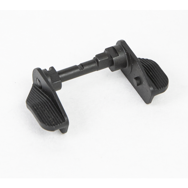 A black, dual-sided, ribbed lever with a central shaft and symmetrical paddles, akin to the precision found in a SAFETY SET TS AND CZECHMATE EXTENDED LEFT AND EXTENDED RIGHT, positioned on a white background.