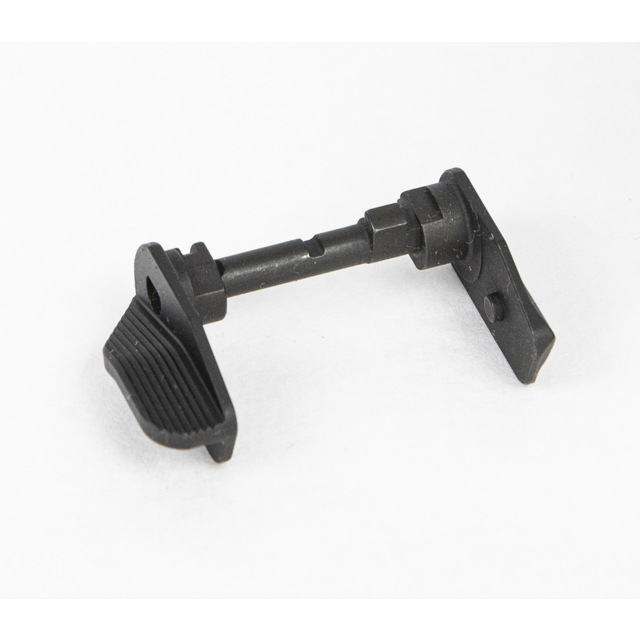 The safety selector lever, part of the Czechmate Flat Left and Extended Right series, is crafted from black metal with an ambidextrous design for firearms, showcased against a plain white background.