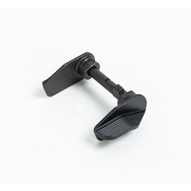 The SAFETY SET TS AND CZECHMATE EXTENDED LEFT AND FLAT RIGHT is showcased against a plain white background. It features a black ambidextrous safety selector with two textured levers, including an extended left design, connected by a central rod.