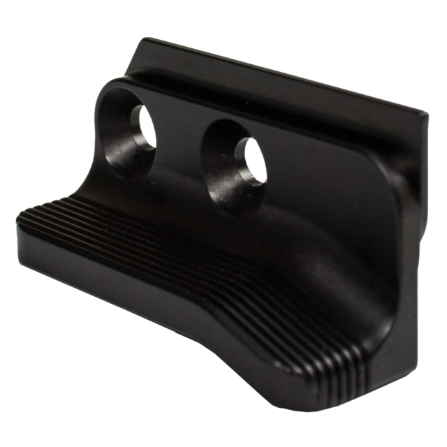 The THUMBREST TS ORANGE ANGLE 3 is a black metal bracket designed with two circular holes and a ridged base, likely intended for support or use as a thumbrest. It boasts a textured finish along with an angular profile, enhancing its functionality and addi