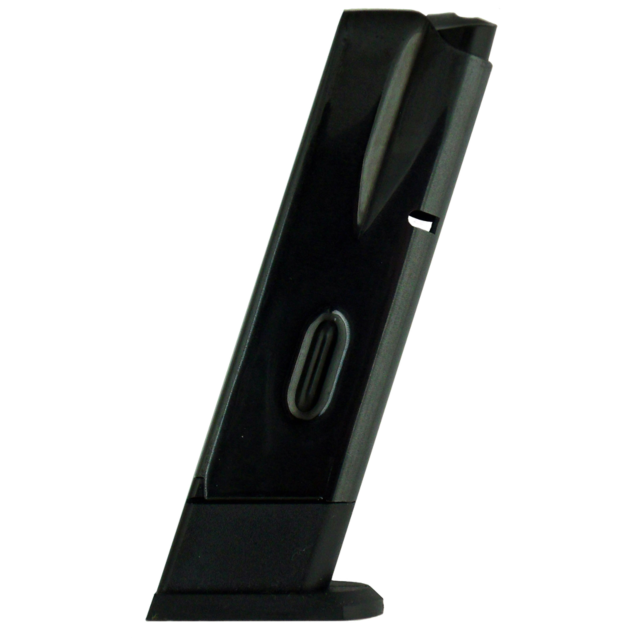 The MAG CZ 75/85 9MM 10 RD magazine in black is displayed upright against a white background, highlighting its side details and flat base crafted for 9mm rounds.