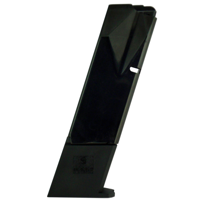 A black, angular MAG CZ 75 TS/IPSC .40 S&W 10RD magazine designed for a firearm is standing upright against a white background. This solid magazine, with its slightly tapered shape, is ideal for IPSC competitions.