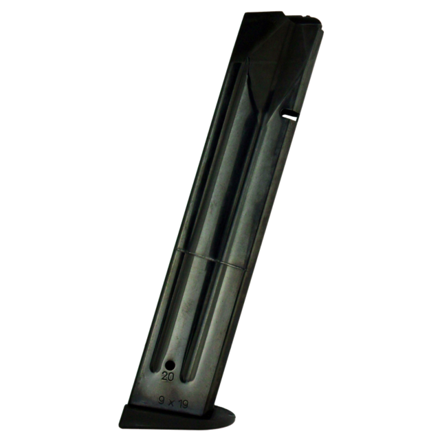 The MAG CZ 75 TS/CZECHMATE 9MM 26RD is a black metal magazine for the CZ 75 TS firearm, marked with "9 x 19" near the bottom to indicate its caliber. It includes visible bullet count indicators and a base plate, making it an essential accessory for any Cz