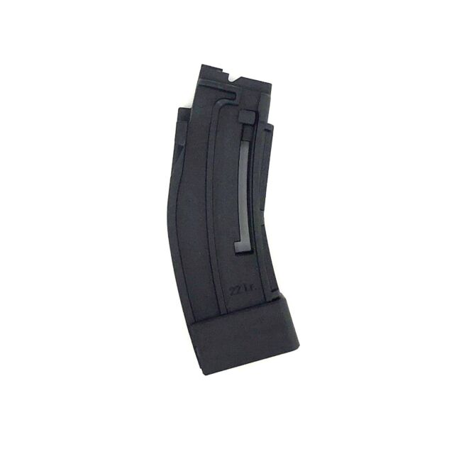 A black, curved MAG CZ SCORPION 22LR 10 RD magazine is shown against a white background, featuring a visible groove running vertically on one side.