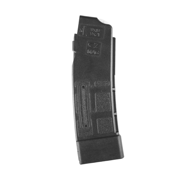 The Gen 1 Scorpion 9mm 20rd Magazine is a black plastic magazine with a curved shape and CZ logo, designed for the CZ Scorpion. It has markings for bullet counts of 10, 15, 20, and 25 rounds, featuring textured grip areas and a visible bullet count window