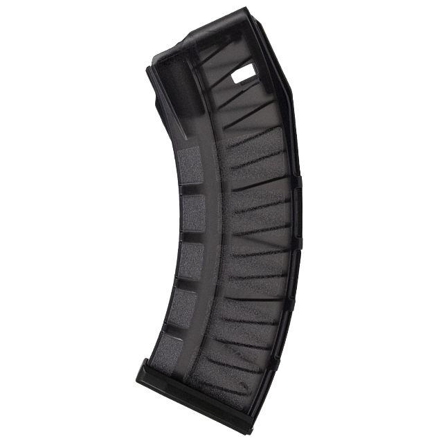 A clear, transparent rifle magazine on a white background, designed for the BREN 2 and chambered in 7.62x39, with a textured grip and visible ridges along its surface.