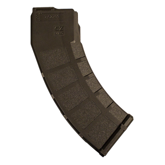 A black, windowed magazine with a curved design and textured grip sections, featuring the embossed text "CZ MAG 7.62x39." Specifically designed for the CZ BREN 2, this 30-round magazine is perfect for ammunition caliber 7.62x39mm but is not compatible wit