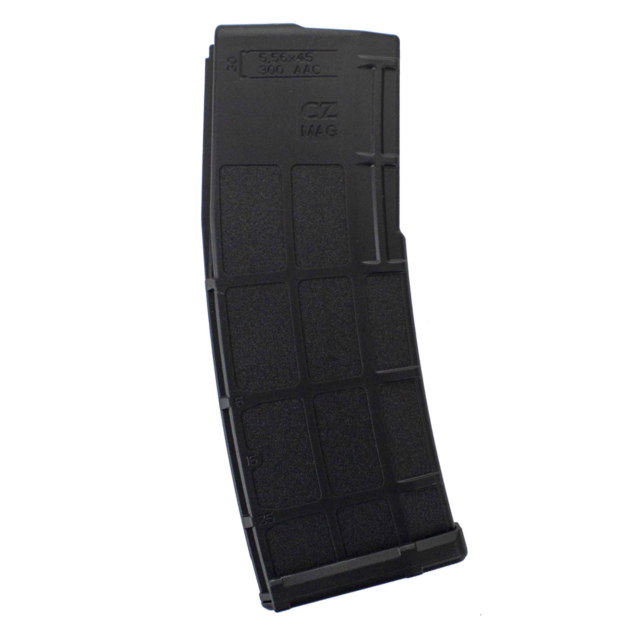 This image features the CZ BREN 2 5.56 & 2.23 30RD BLACK Magazine, designed for 5.56x45 and .300 AAC ammunition. It showcases a grid design and includes a side round count indicator with a capacity of up to 30 rounds.