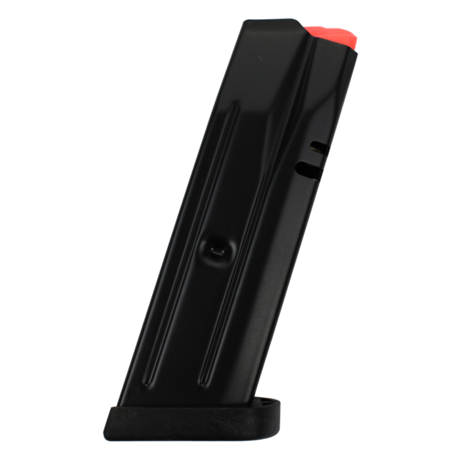 A black, rectangular MAG CZ P-10 C Reverse and P-07 9mm 10-round gun magazine with a visible red follower stands upright against a plain background.