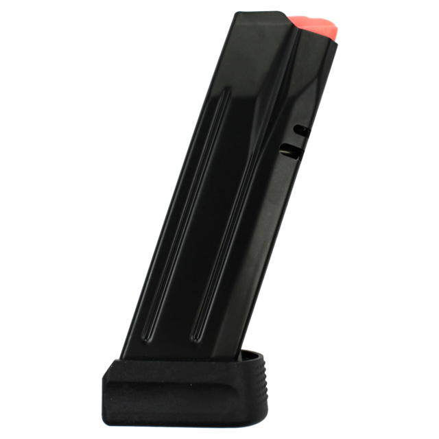 A black "MAG CZ P-10 C REVERSE AND P-07 9MM" magazine is displayed vertically on a white background. It features grooves on its body, a pink follower at the top, and includes a 17RD plastic base.