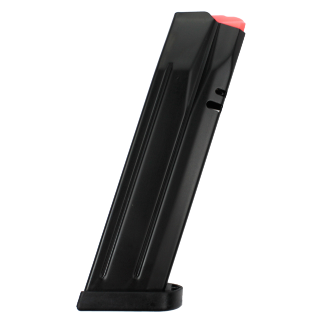 Photograph of a black MAG CZ P-10 F, P-09, DWX Full 9MM 19RD magazine standing upright with a visible pink follower at the top. This 9mm magazine showcases side grooves and a flat base.