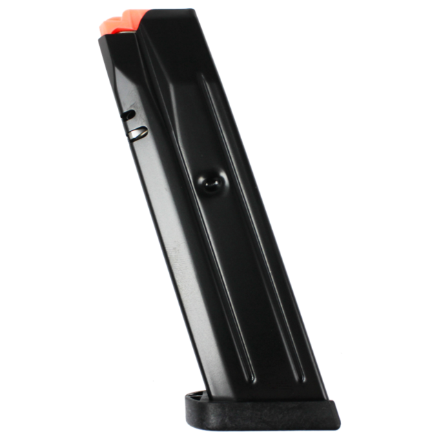 A standalone image of the MAG CZ P-10 F, P-09, DWX Full 9MM 10RD pistol magazine with an orange follower, positioned upright against a white background.