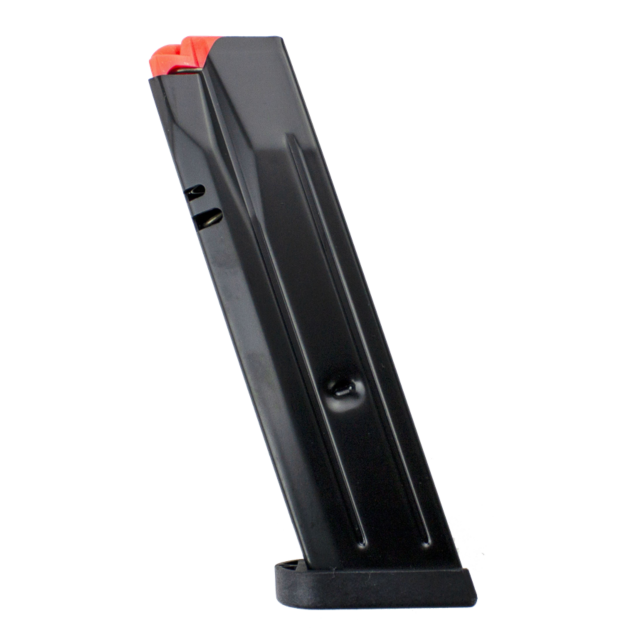 A black MAG CZ P-10 F REVERSE AND P-09 9MM 15RD with a red follower is positioned upright against a white background.