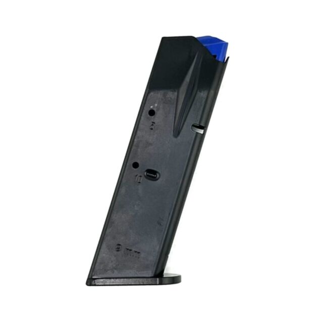 A DW Magazine, DWX Compact, 9MM, 10RD with a black aluminum basepad and blue follower stands upright on a white background.