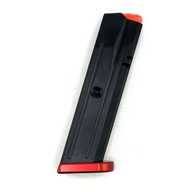 The DW Magazine (DWX, P-10 F, P-09, 9MM, 10RD) features a black body with a red aluminum basepad and red follower, displayed on a white background.