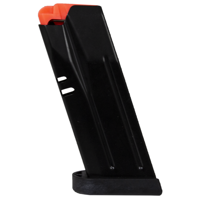 The MAG CZ P-10 S REVERSE 9MM 12RD magazine, featuring a black exterior and an orange follower, designed for 9mm rounds with a 12-round capacity, stands vertically against a white background.