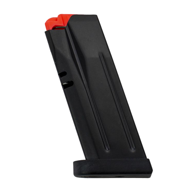 This is a MAG CZ P-10 S REVERSE 9MM 10RD magazine, characterized by its black finish and red follower. It is designed to hold ten rounds of 9mm ammunition and has a sleek, metallic look with a flat base and two body ridges.