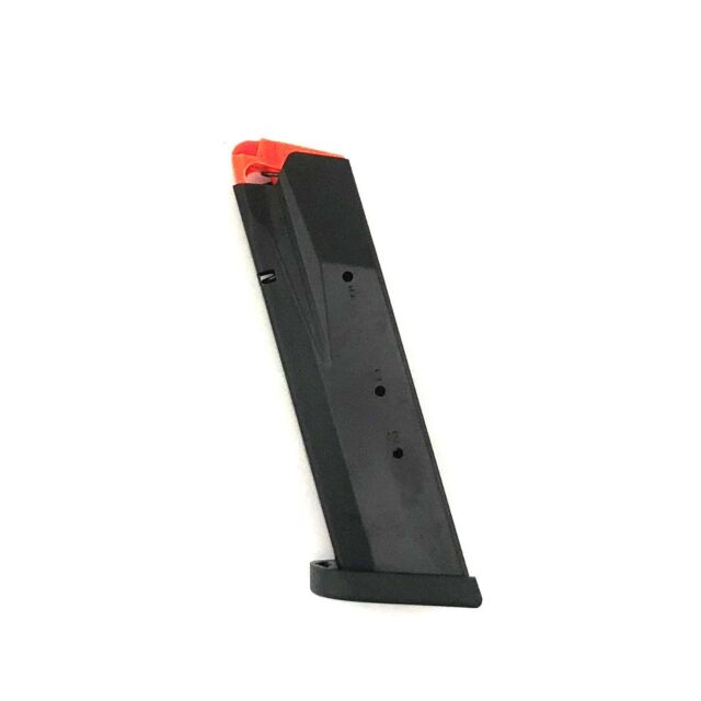 A standalone image of the CZ MAG P10 F 45ACP 13RD, a black handgun magazine featuring an orange follower, positioned vertically on a white background.