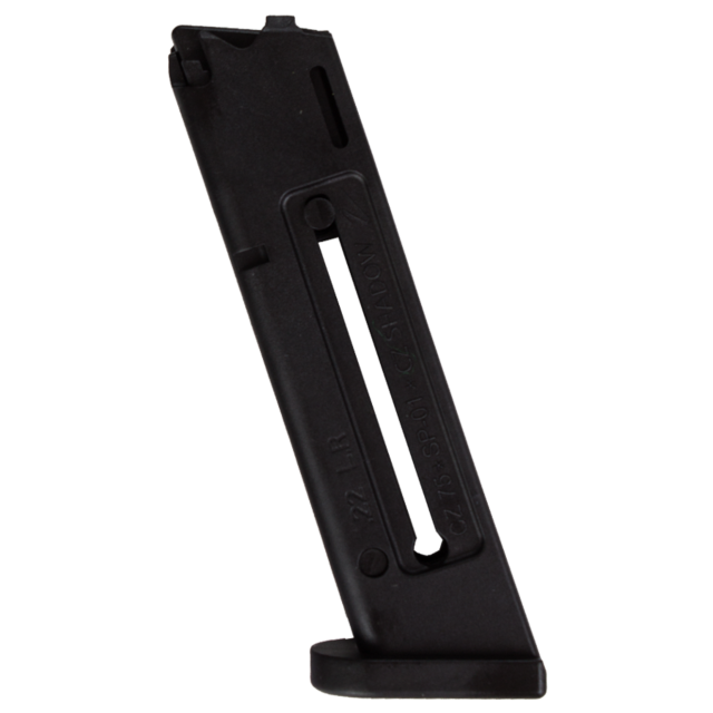 A black metal MAG CZ SP-01 KADET .22LR 10 RD magazine stands upright against a white background. With a capacity of 10 rounds and embossed text on the side, it features a sleek design with a visible vertical slot, ideal for use with the CZ SP-01 KADET.