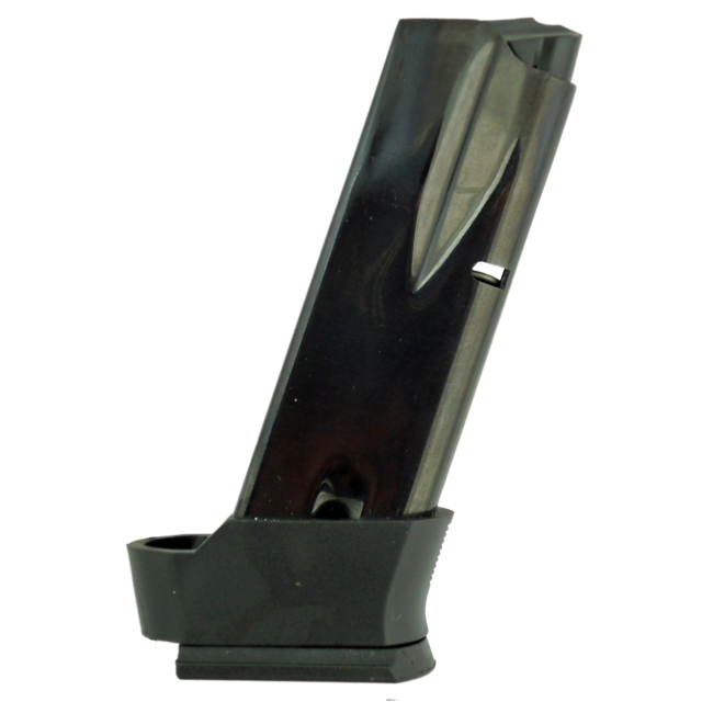 A curved, black and metallic MAG CZ 2075 RAMI 9MM 14RD EXT gun magazine standing upright against a white background.