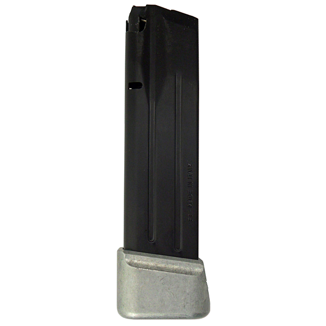 A black and silver 21 RND MAGAZINE stands upright against a white background, designed for efficient loading and ammunition storage in a .38 SUPER firearm. This accessory is labeled as the DW HAVOC .38 SUPER 21 RND MAGAZINE.
