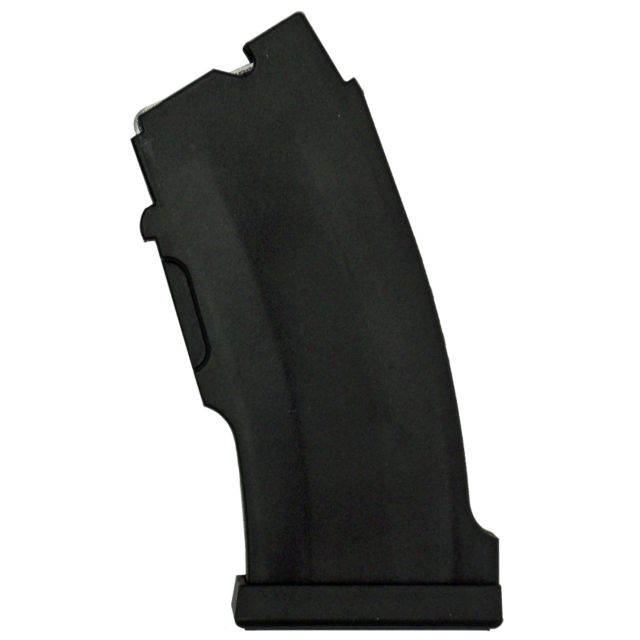 A black curved firearm magazine, known as the MAG CZ 452/453/455/457/512 .22 LR/MACH 2 10 RD POLY, features a smooth surface and a distinct indentation along the side. Its rectangular base is positioned upright against a white background, designed perfect