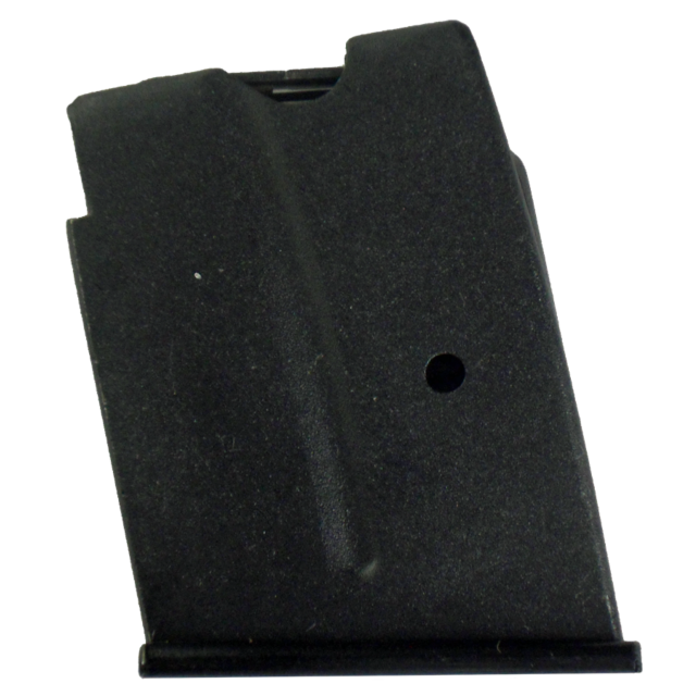 A MAG CZ 452/453 .22WMR 5 RD STEEL black firearm magazine, characterized by its rectangular shape, smooth surface, and a circular hole near the center, is displayed against a plain white background. This magazine is expertly designed to fit the CZ 452 mod