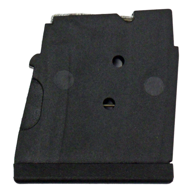 The MAG CZ 455/512/457 22WMR/.17HMR 5RD POLY, a black magazine clip suited for the CZ 455, showcases two visible circular indentations and a groove on the left side, set against a white background.